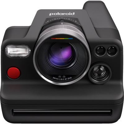 Polaroid I-2 Instant Camera with 98mm f/8 lens, LiDAR autofocus, manual and auto exposure modes, built-in flash, Bluetooth remote control, optical viewfinder with LCD info display, rechargeable battery, and robust aluminum alloy body.