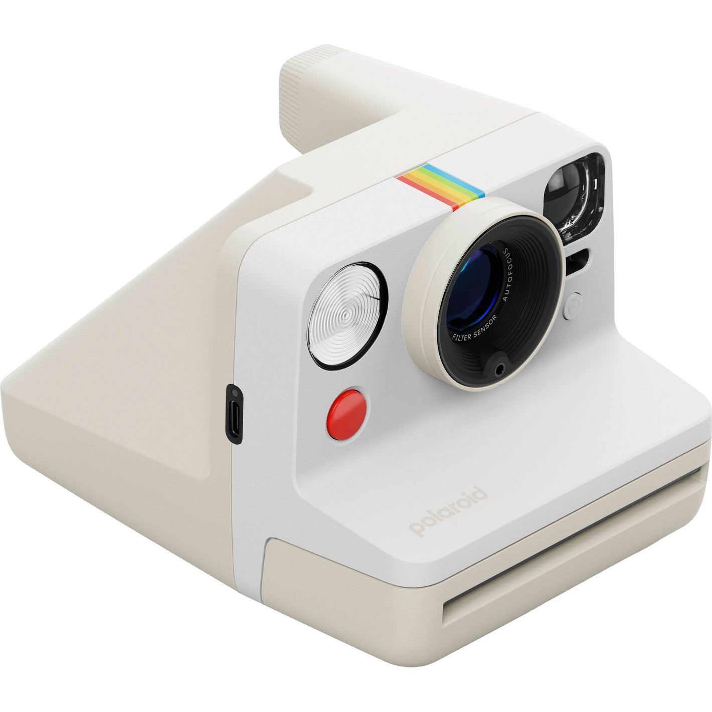 Polaroid Now Generation 3 Starter Set in white featuring upgraded two-lens autofocus, double exposure and self-timer modes, built-in tripod mount, USB-C rechargeable battery, made with 40% recycled plastics, compatible with Polaroid i-Type and 600 film.