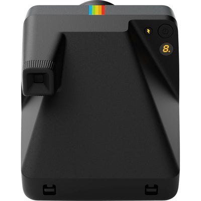 Polaroid Now+ Generation 3 Starter Set in black with two-lens autofocus system, aperture priority and manual modes via app control, self-timer and double exposure features, built-in flash, USB-C rechargeable battery, tripod mount, made with 40% recycled materials, compatible with Polaroid i-Type and 600 film.