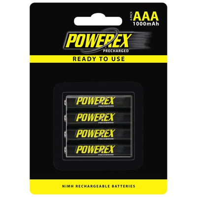 Powerex 4-pack AAA 1.2V 2600mAh rechargeable NiMH batteries, precharged and ready to use.