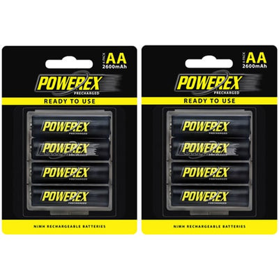 Powerex Precharged Rechargeable AA 2600mAh Batteries (2x 4-Pack) – reliable, high-capacity AA batteries ready to use for cameras, flashes, and other devices.
