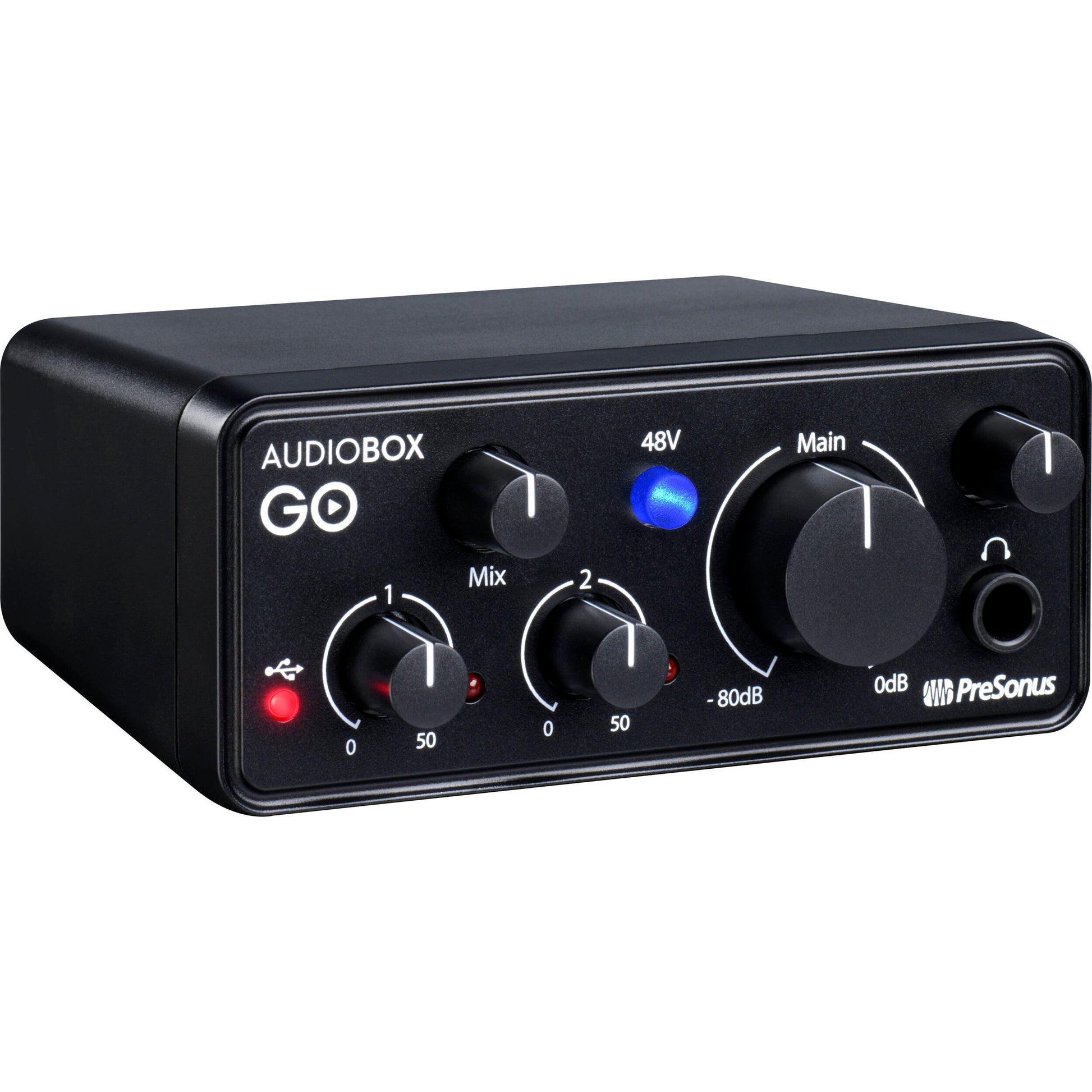 AudioBox GO USB interface by PreSonus with instrument input and balanced monitor outputs
