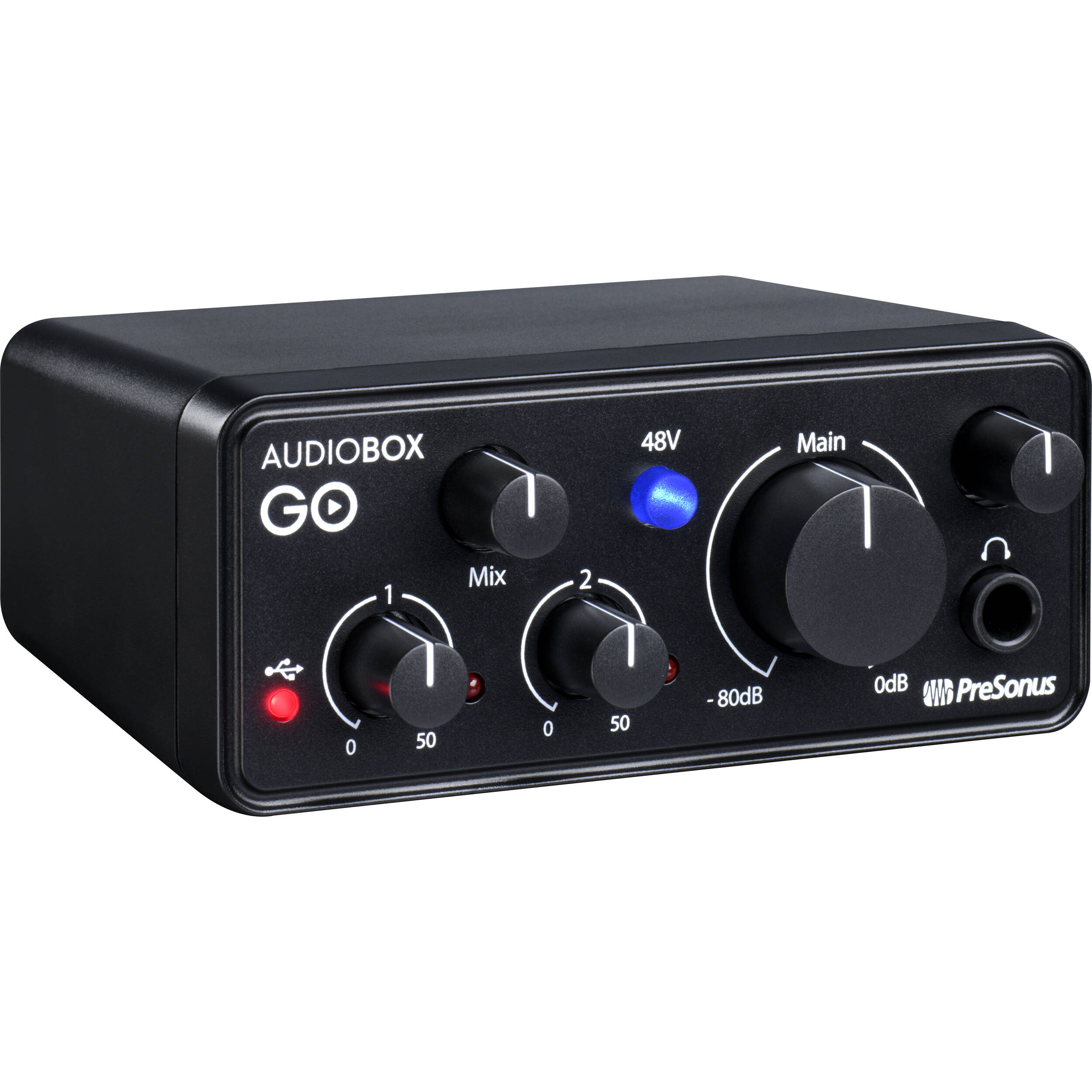 AudioBox GO USB interface by PreSonus with instrument input and balanced monitor outputs
