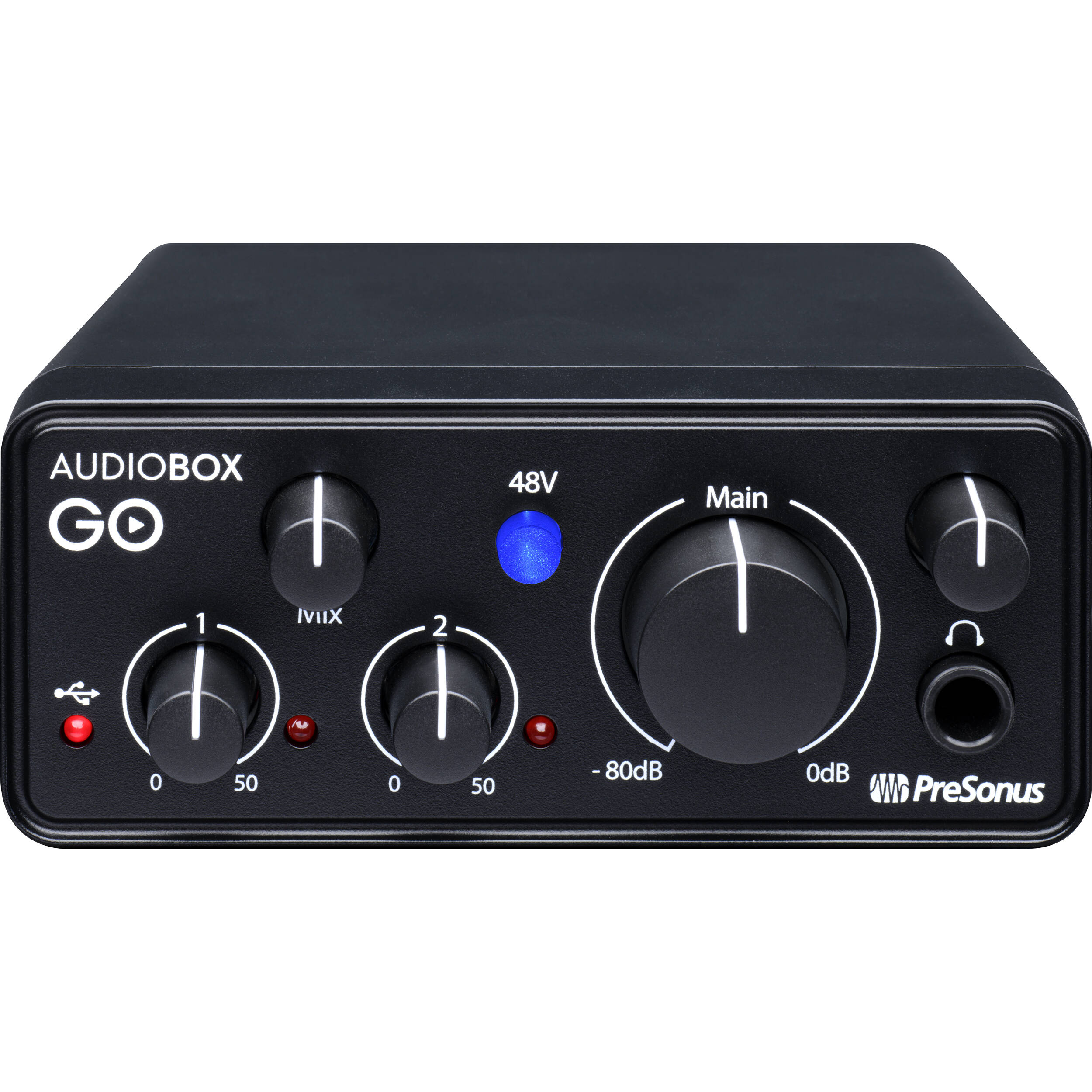 AudioBox GO USB interface by PreSonus with instrument input and balanced monitor outputs
