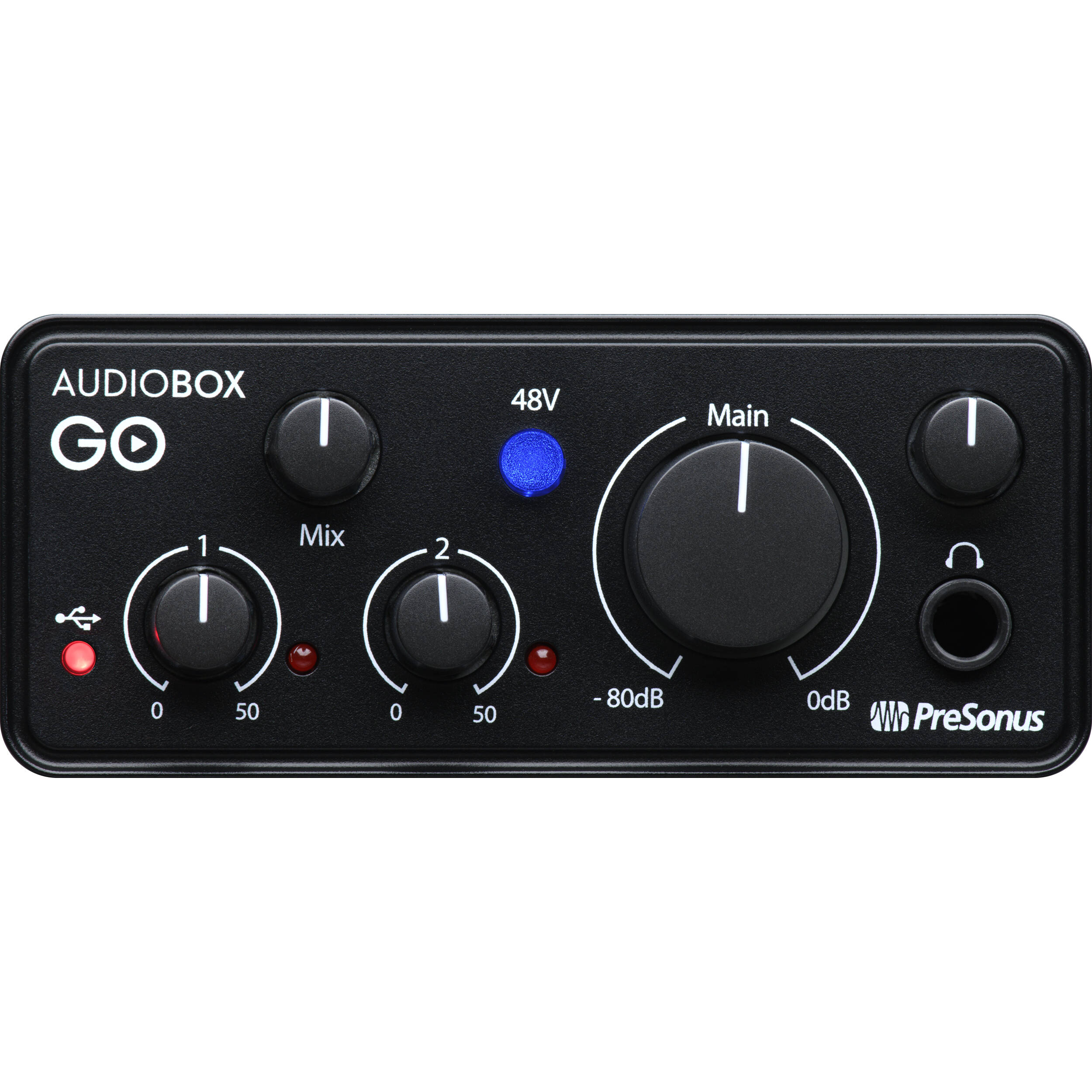 AudioBox GO USB interface by PreSonus with instrument input and balanced monitor outputs
