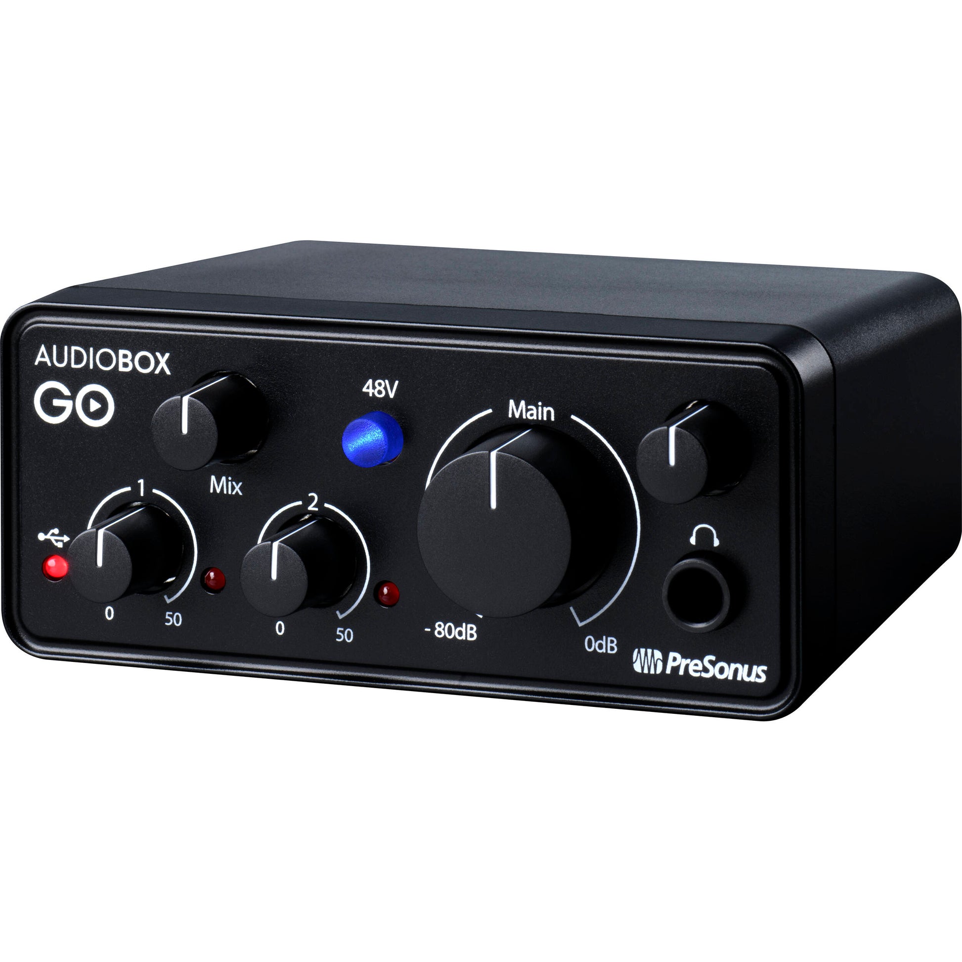 AudioBox GO USB interface by PreSonus with instrument input and balanced monitor outputs
