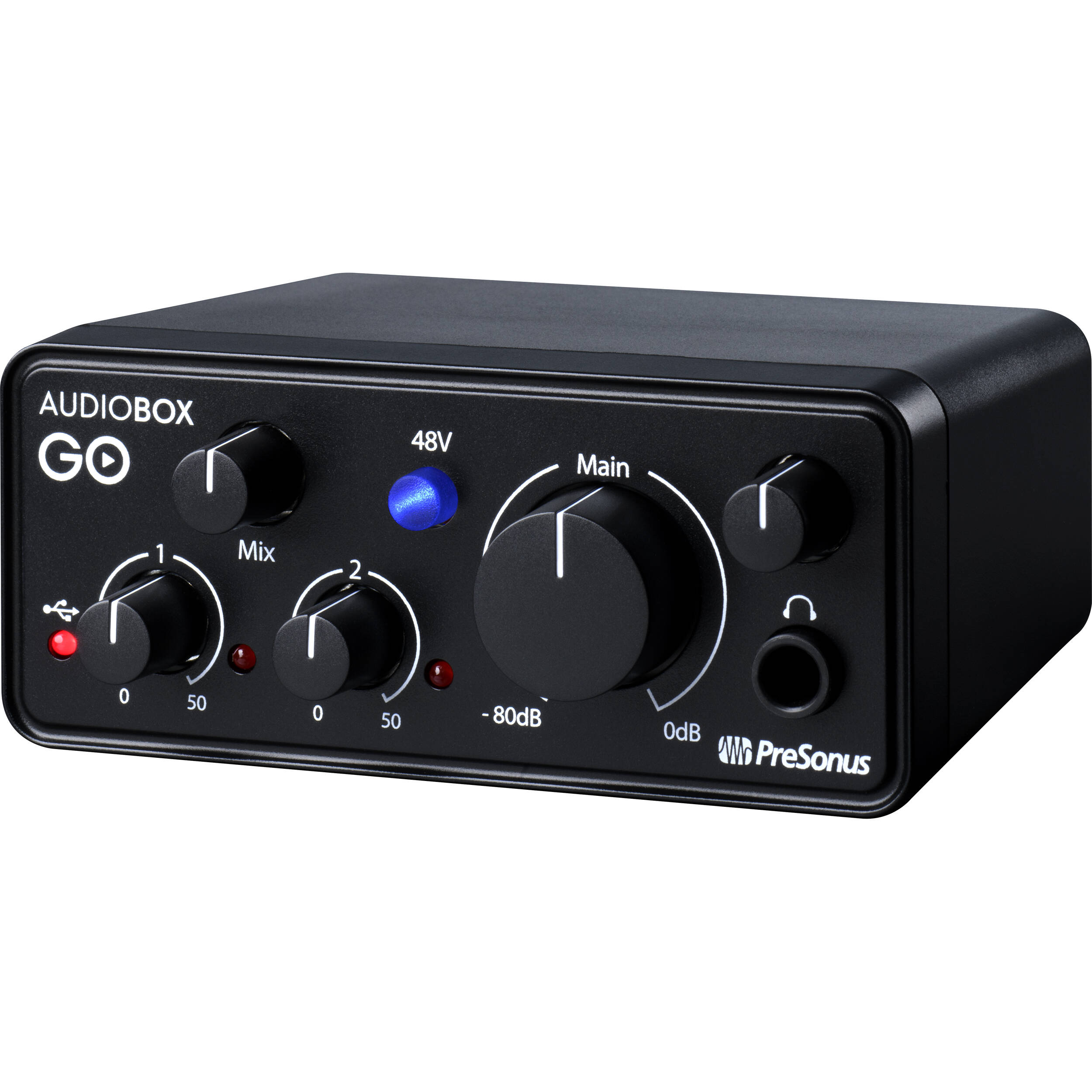 AudioBox GO USB interface by PreSonus with instrument input and balanced monitor outputs
