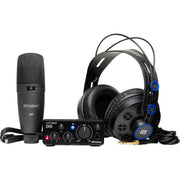 PreSonus AudioBox GO Creator Bundle kit, including compact USB interface, M7 cardioid condenser microphone and HD7 monitoring headphones.
