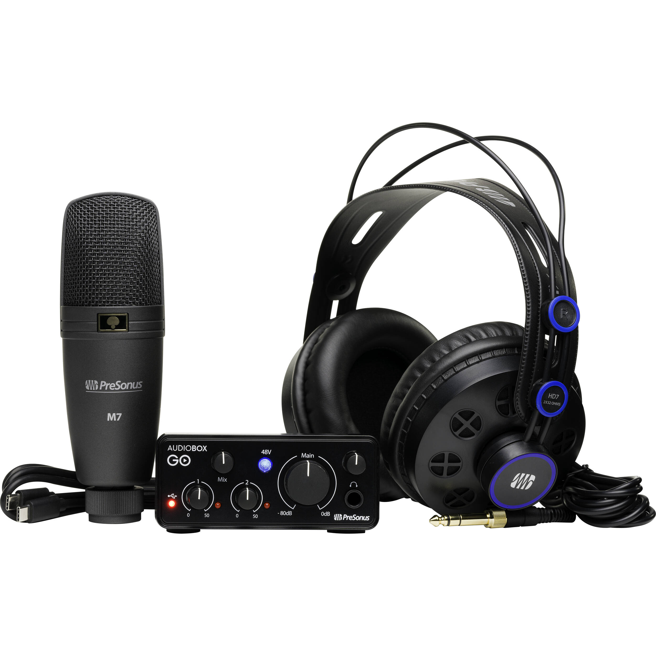 PreSonus AudioBox GO Creator Bundle kit, including compact USB interface, M7 cardioid condenser microphone and HD7 monitoring headphones.
