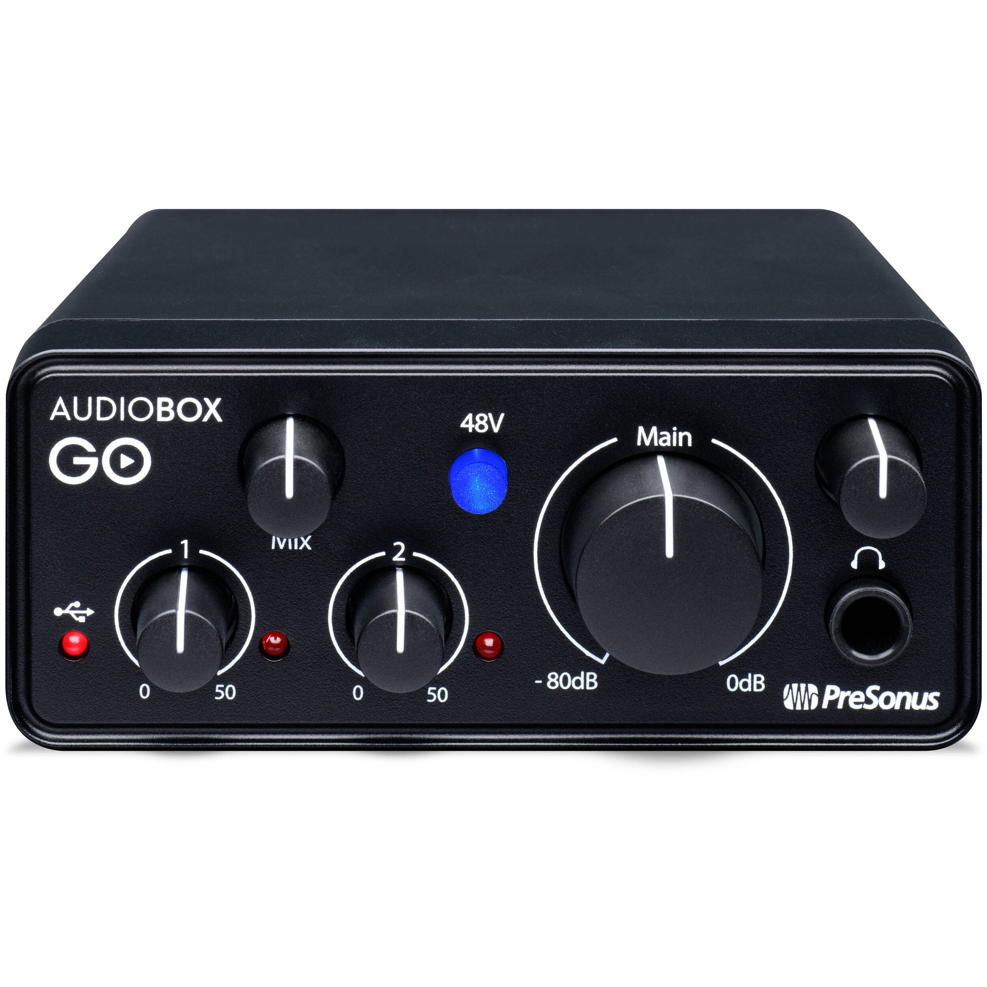 PreSonus AudioBox GO Creator Bundle kit, including compact USB interface, M7 cardioid condenser microphone and HD7 monitoring headphones.
