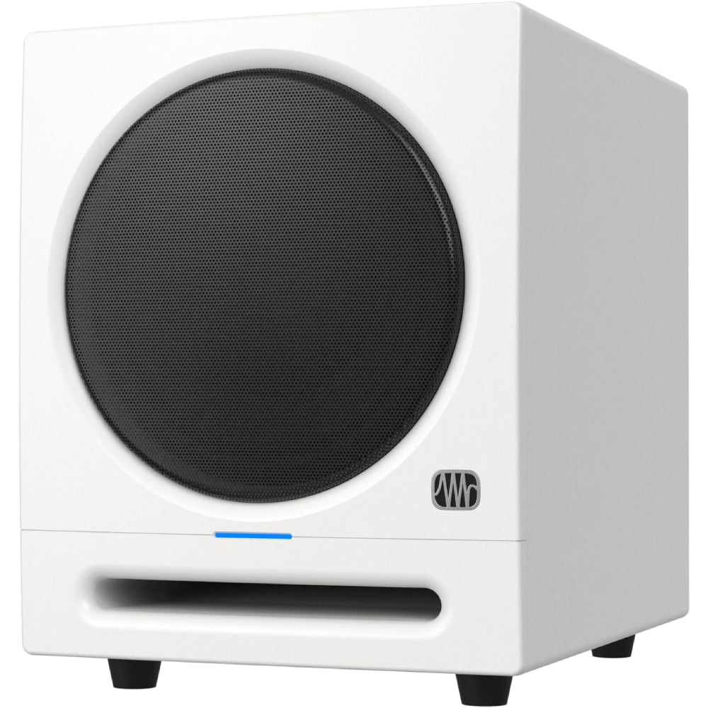 PreSonus Eris Sub 8BT white studio subwoofer angled front view