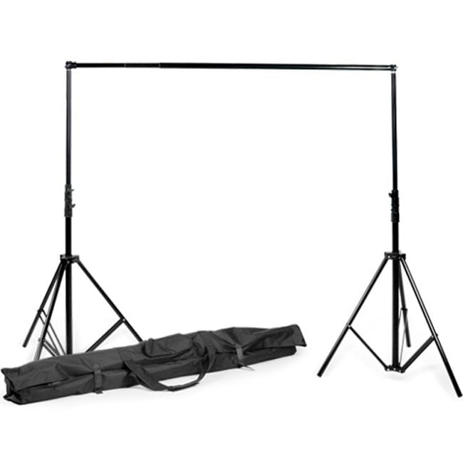 Godox BS-04 adjustable collapsible backdrop stand kit, black aluminium, supports various backdrops, max height 2.4m, max width 3m, includes two tripod stands, segmented crossbar, carry case