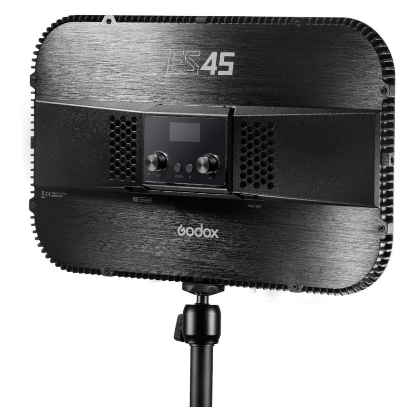 Godox ES45 E-Sport LED light kit, 367x230x46mm panel, dimmable 0-100%, color temp 2800-6500K, CRI 96, TLCI 97, magnetic removable 2.4 GHz remote, smartphone app control, soft light ideal for vlogging and streaming