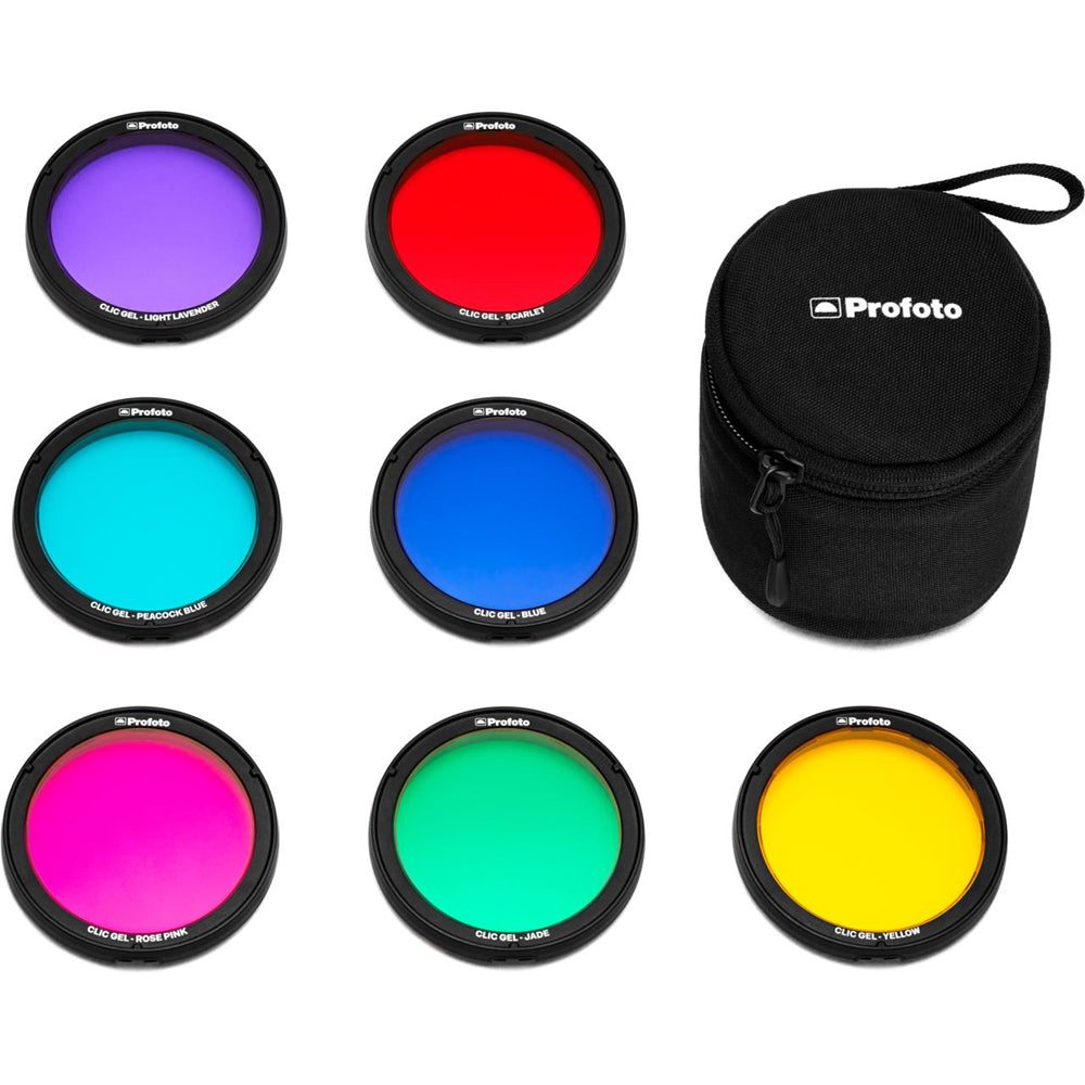 Set of color filters with a black carrying case on a white background