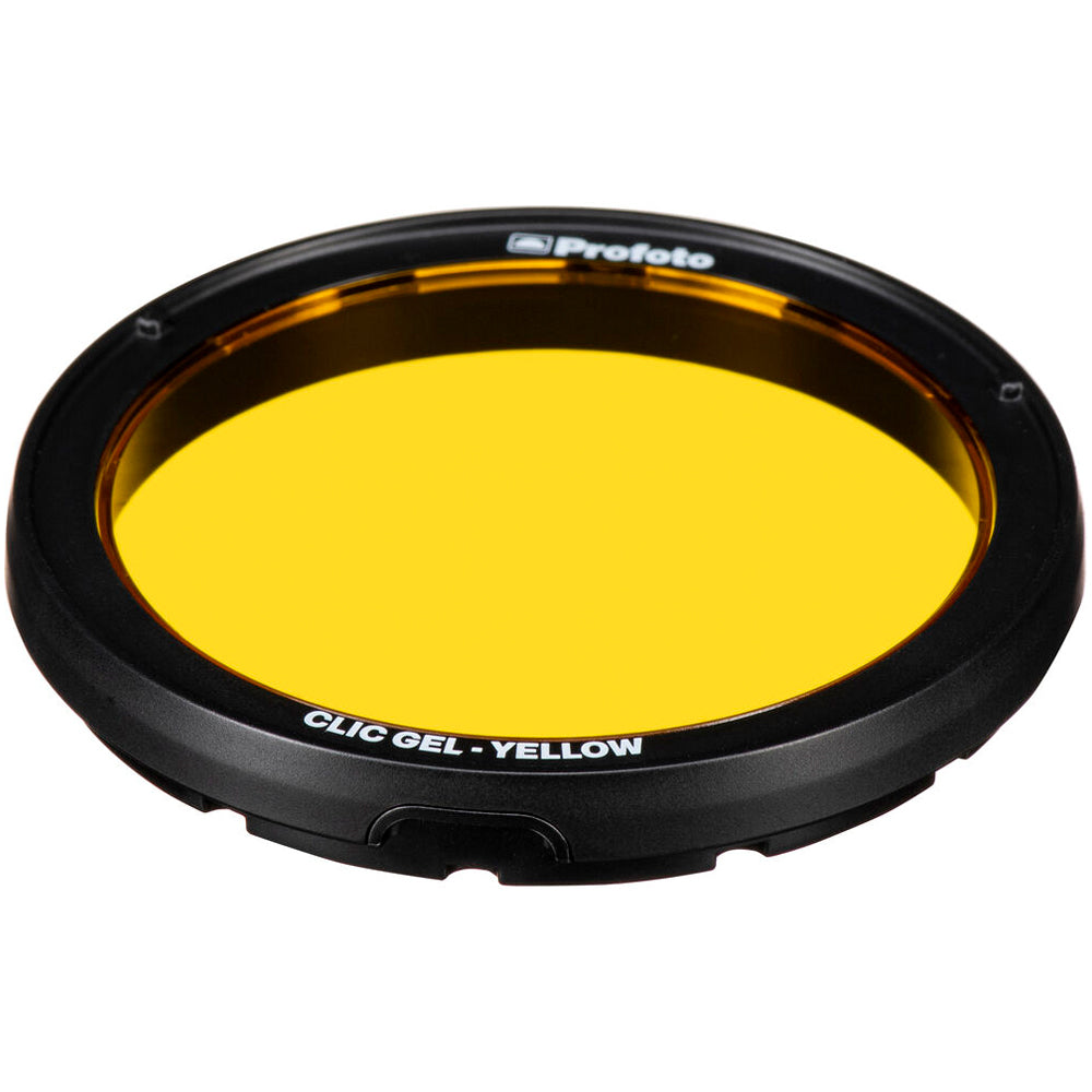 Yellow camera filter with black frame on a white background