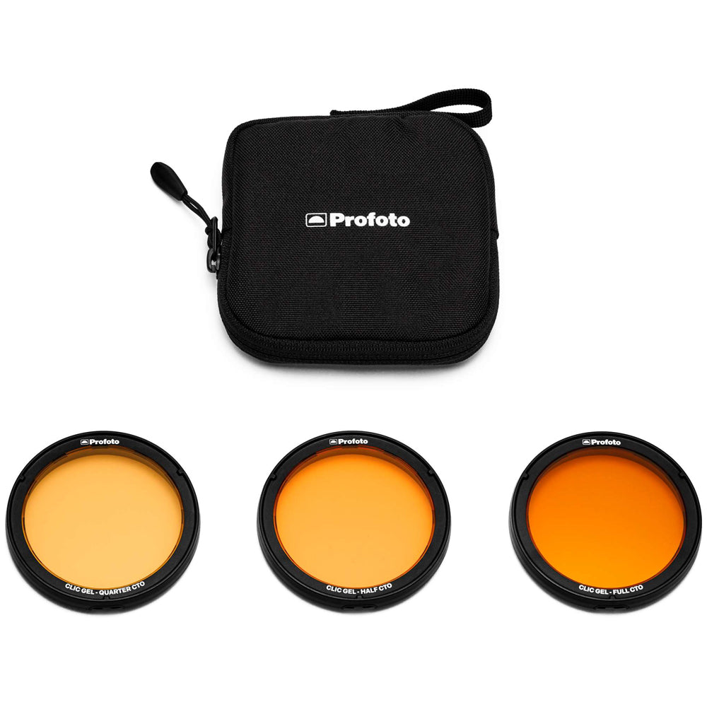 Three orange camera filters with a black carrying case on a white background, featuring the Profoto logo.