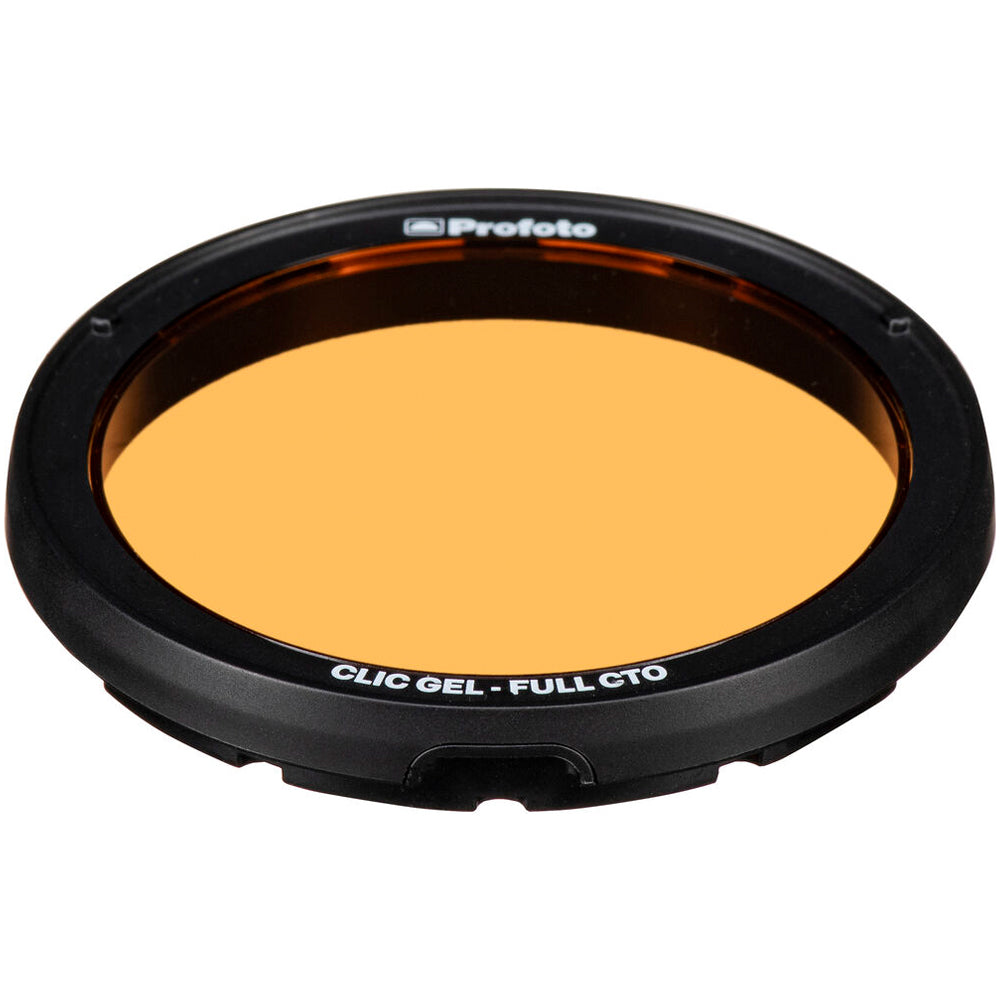 Camera lens filter with orange center and black frame on a white background