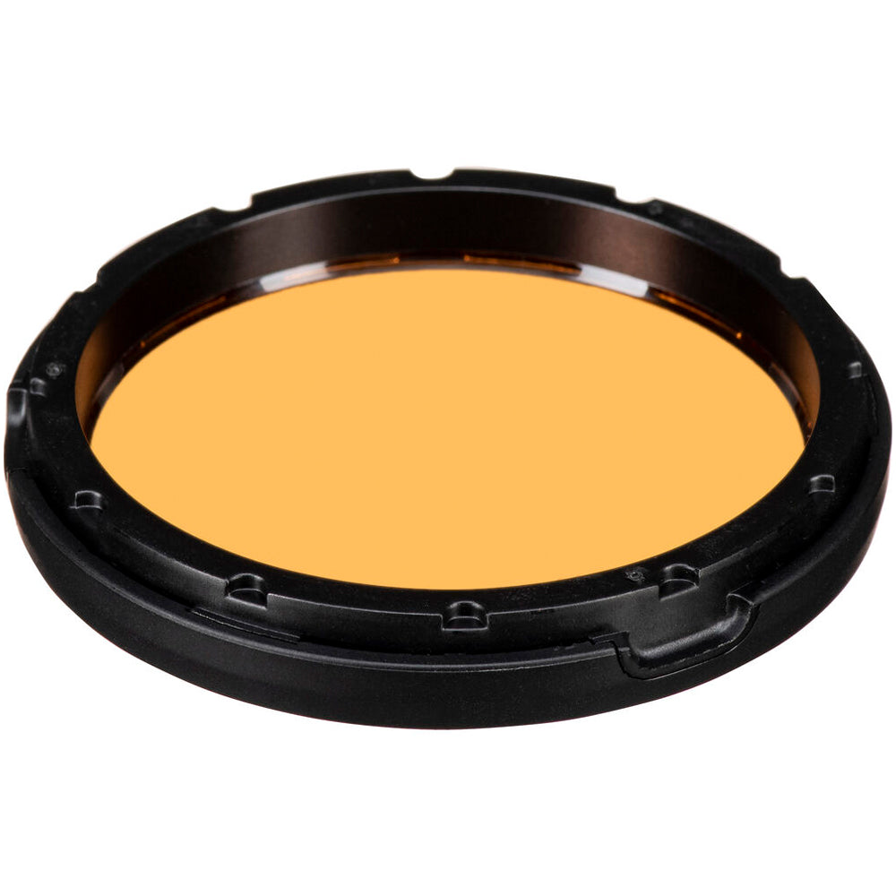 Camera lens filter with yellow center and black frame on a white background