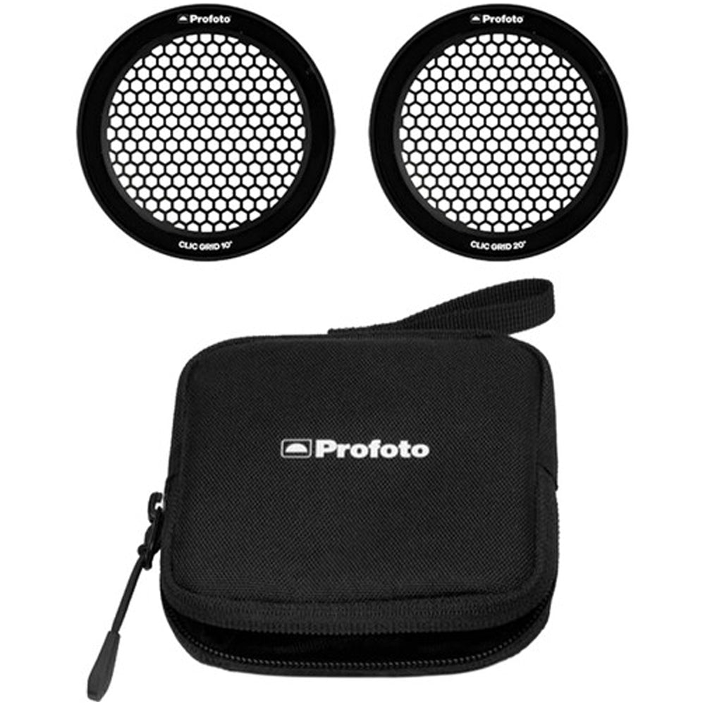 Two camera lens grids with a black carrying case featuring Profoto logo on a white background