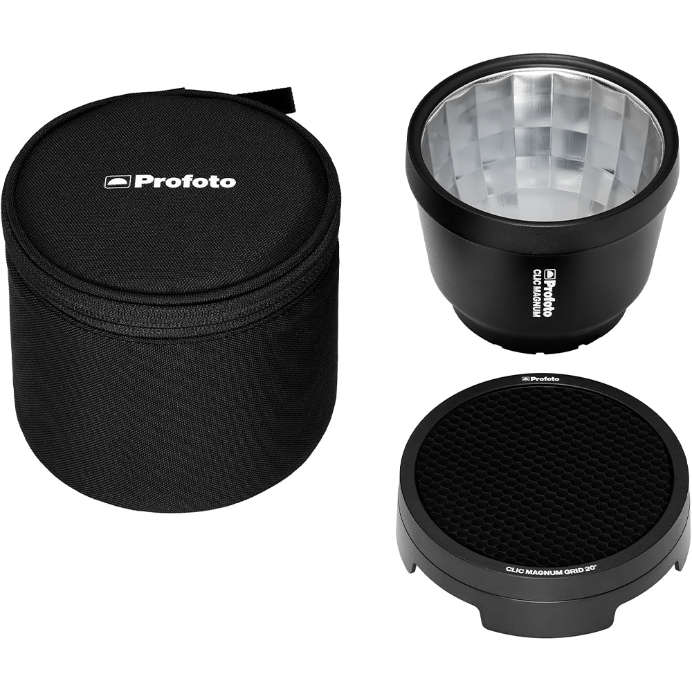 Profoto photography light modifier set with carrying case on a white background