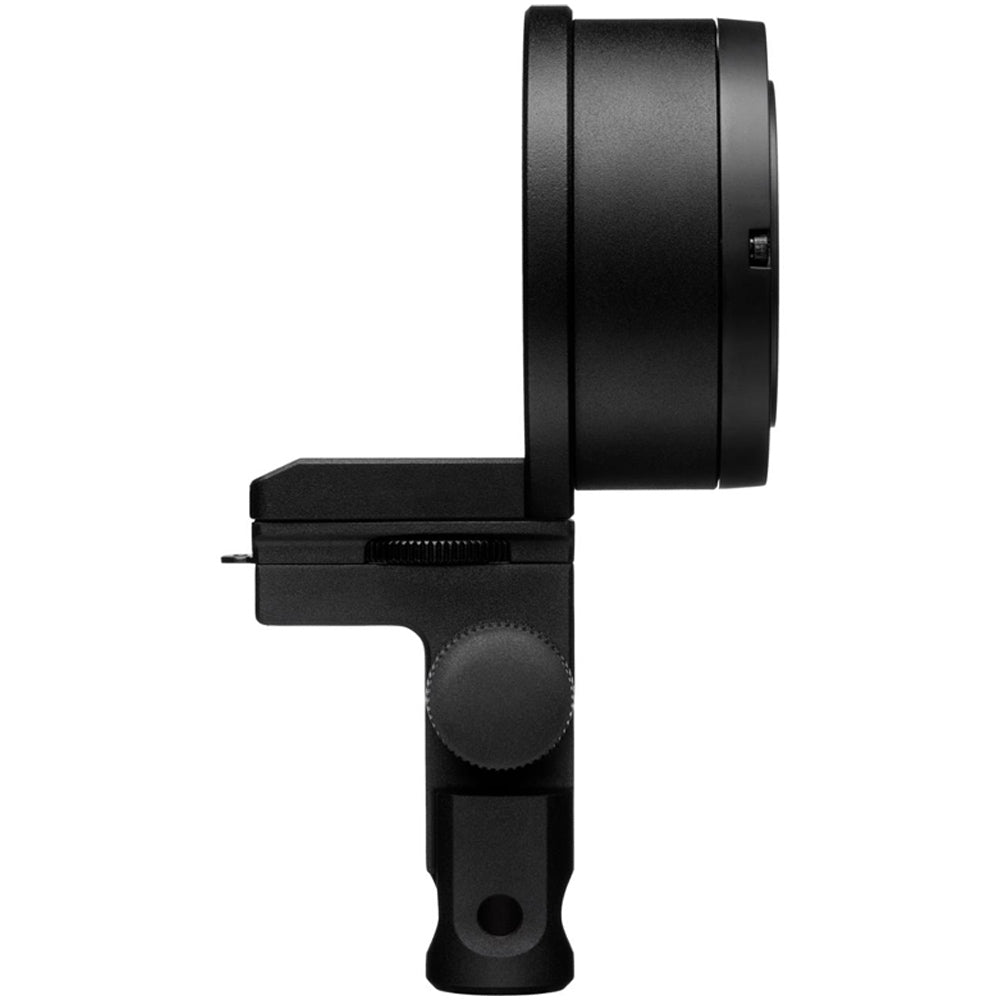 Black camera lens with attached mount on a white background