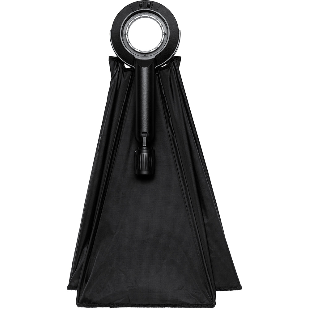 Black shower curtain with a cylindrical holder on a white background