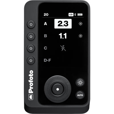 Black camera control device with digital display and buttons on a white background