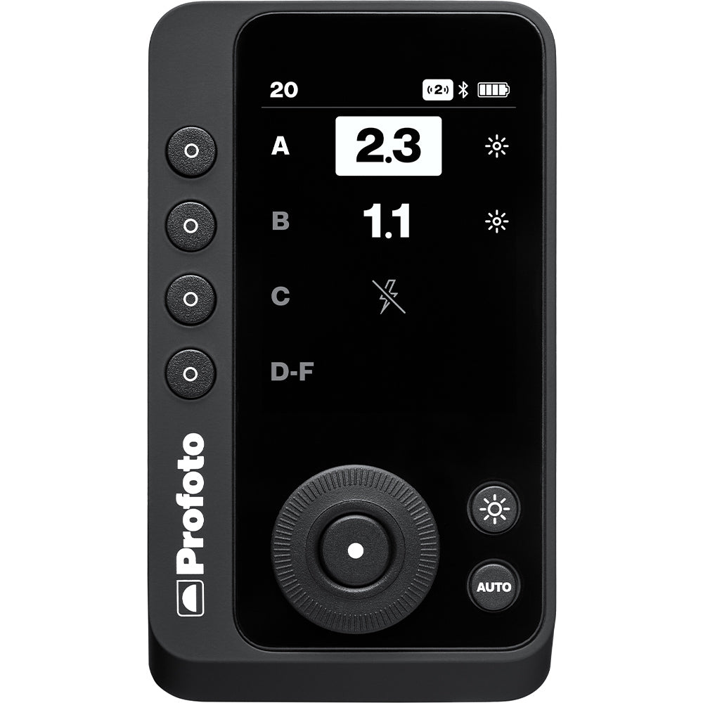 Black digital camera control with display and buttons on a white background