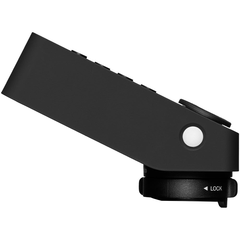 Black camera lens hood with a lock mechanism on a white background