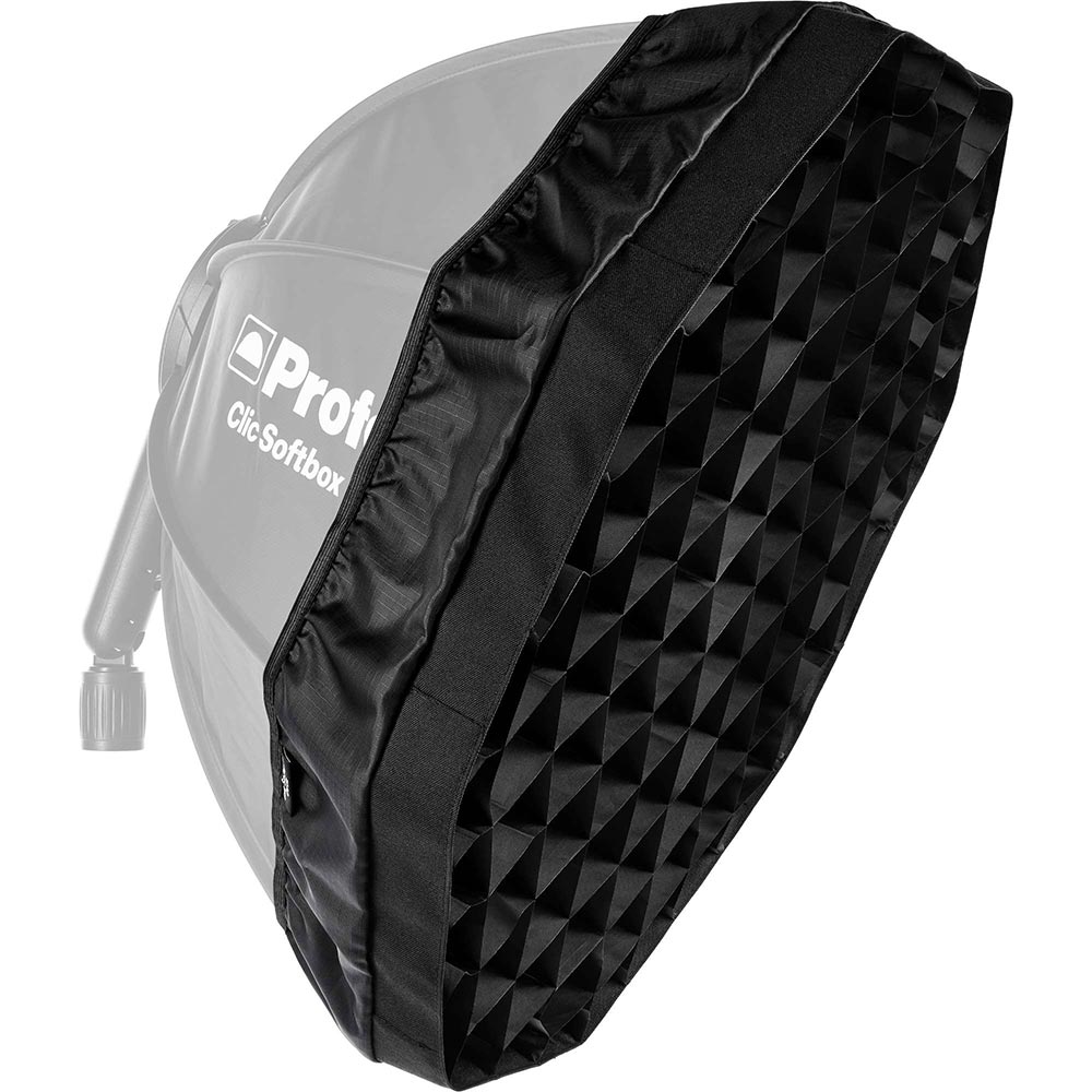 Black softbox with geometric pattern on a white background