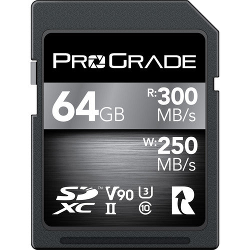 ProGrade Digital 64GB UHS-II SDXC Memory Card with 250MB/s read speed for fast professional photo and video workflow.