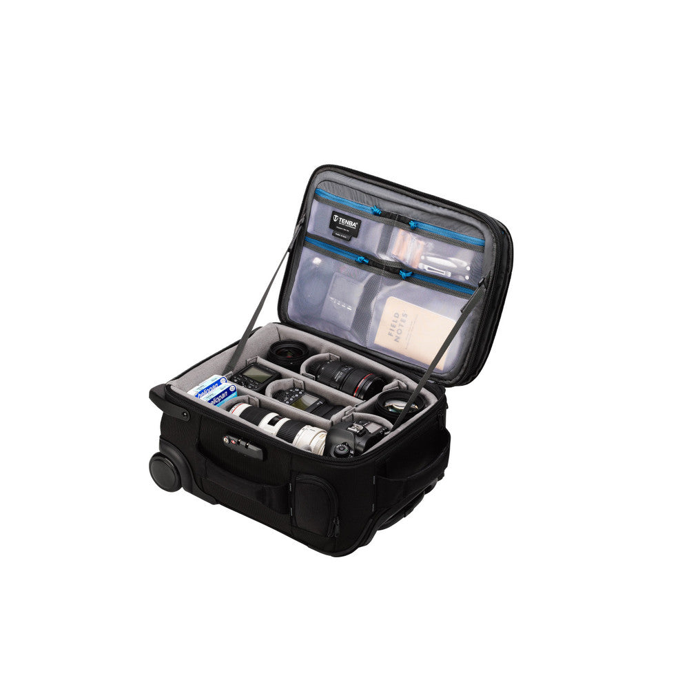 Tenba Roadie Roller 18 in black — professional carry-on camera case with padded dividers, wheels, and weather-resistant design.
