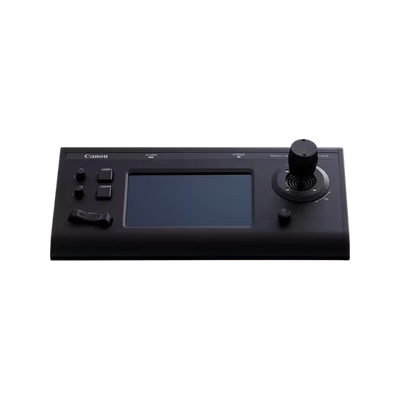 Canon RC-IP100 touchscreen joystick controller for precise PTZ camera operation and multi-camera management over IP networks.
