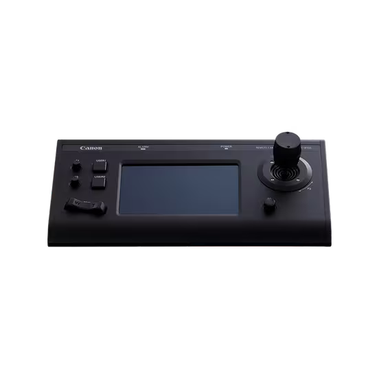 Canon RC-IP100 touchscreen joystick controller for precise PTZ camera operation and multi-camera management over IP networks.