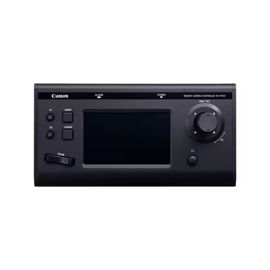 Canon RC-IP100 touchscreen joystick controller for precise PTZ camera operation and multi-camera management over IP networks.