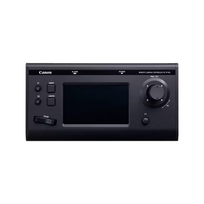 Canon RC-IP100 touchscreen joystick controller for precise PTZ camera operation and multi-camera management over IP networks.