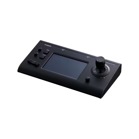 Canon RC-IP100 touchscreen joystick controller for precise PTZ camera operation and multi-camera management over IP networks.