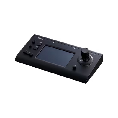 Canon RC-IP100 touchscreen joystick controller for precise PTZ camera operation and multi-camera management over IP networks.