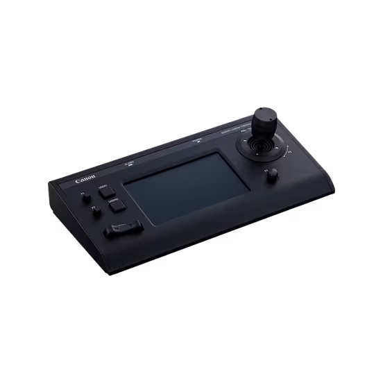 Canon RC-IP100 touchscreen joystick controller for precise PTZ camera operation and multi-camera management over IP networks.
