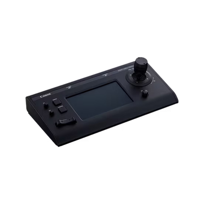 Canon RC-IP100 touchscreen joystick controller for precise PTZ camera operation and multi-camera management over IP networks.