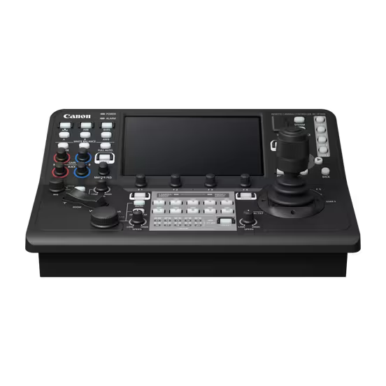 Canon RC-IP1000 PTZ Camera Controller with 7-inch touchscreen and joystick for professional multi-camera control.