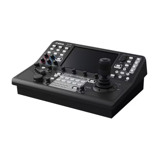 Canon RC-IP1000 PTZ Camera Controller with 7-inch touchscreen and joystick for professional multi-camera control.