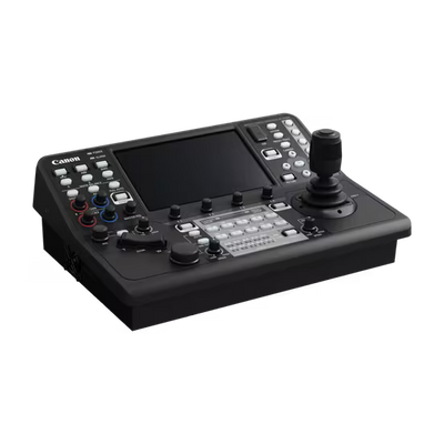 Canon RC-IP1000 PTZ Camera Controller with 7-inch touchscreen and joystick for professional multi-camera control.