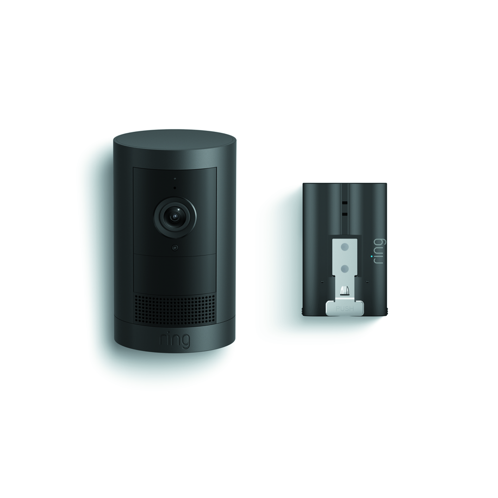 Ring Outdoor Cam 2K Battery Smart Outdoor Security Camera in Black shown with battery