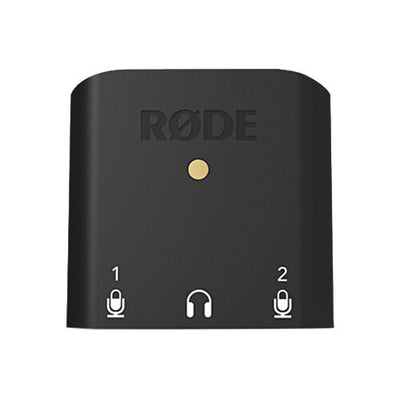 RØDE AI-Micro Ultra-Compact USB Type-C Audio Interface with dual 3.5mm inputs, USB connectivity, and compatibility with smartphones, tablets, and computers.