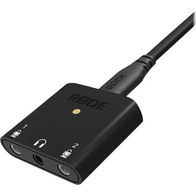 RØDE AI-Micro Ultra-Compact USB Type-C Audio Interface with dual 3.5mm inputs, USB connectivity, and compatibility with smartphones, tablets, and computers.