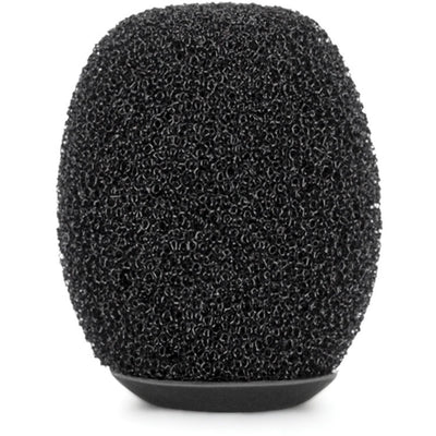 Black textured microphone windshield on a white background