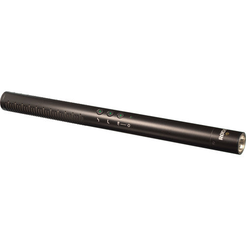The Rode NTG4 shotgun microphone with digital switches and built-in rechargeable battery.
