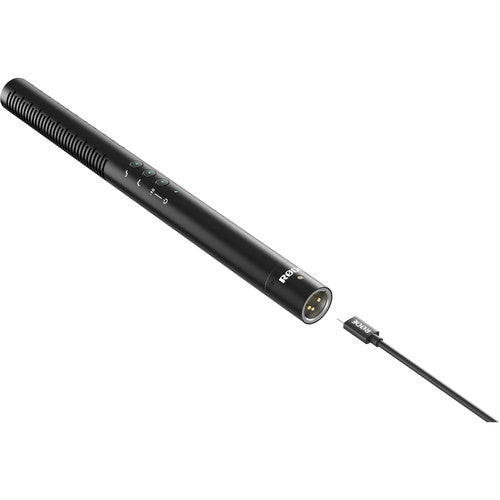 The Rode NTG4 shotgun microphone with digital switches and built-in rechargeable battery.