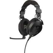 Black over-ear professional headset with adjustable boom microphone, detachable straight cable, and closed-back design.